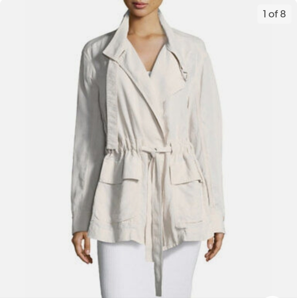 Vince Sz XS Drapey Wrap Front Belted Linen Blend Cream Coastal Coat Jacket